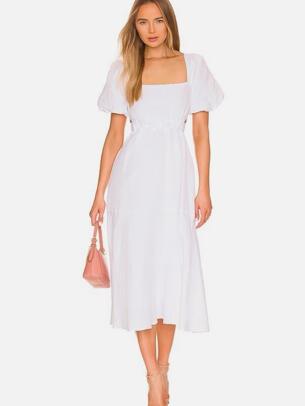 ASTR the Label Angeles White Square-Neck Midi Dress with Puff Sleeves